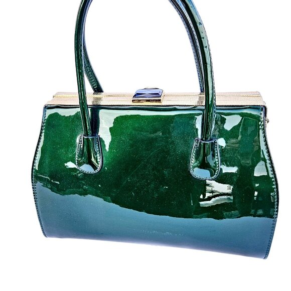 Vintage Y2K Green Plastic Handbag Purse Top Handle Kiss Clasp Vegan - Picture 2 of 14